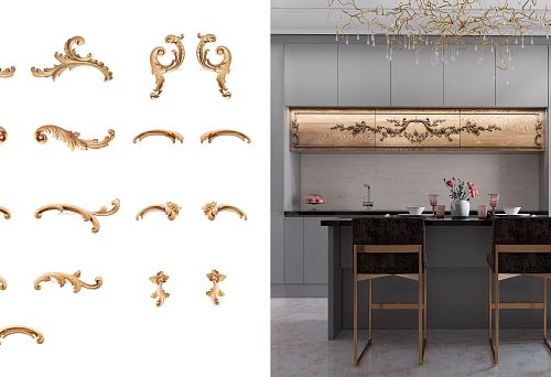Collection of decorative wooden appliqu&eacute;s, modern kitchen facades with carved frieze, gray furniture with golden accents