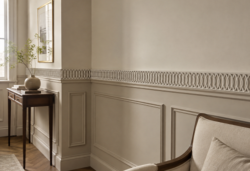 The lower part of the wall is painted as a panel: how to make a carved border from KPU-114 and calculate two-meter planks for the entire room