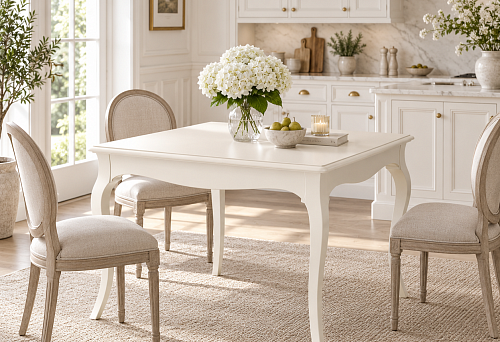 The white kitchen is already ready, but the Marseilles 002-004 table is painted in RAL 9010: how to buy a wooden dining table and not end up with two different whites