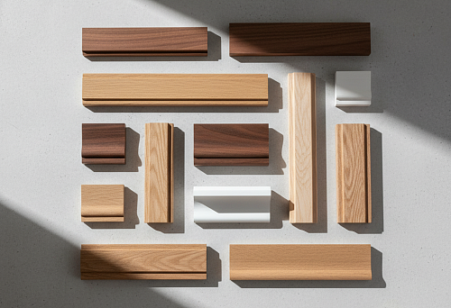 Set of wooden layouts made of oak, beech, and painted solid wood, arranged on a light surface under natural lighting