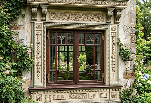 Patterned window frames with decorative ornamentation and carved elements