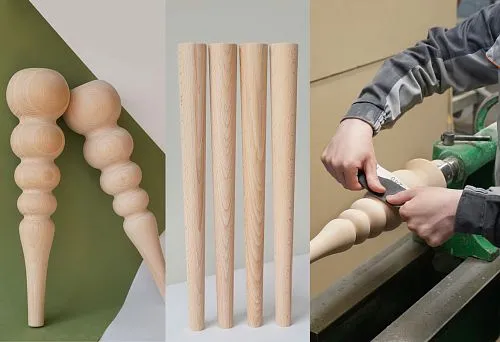 Set of wooden furniture legs, ready for installation.