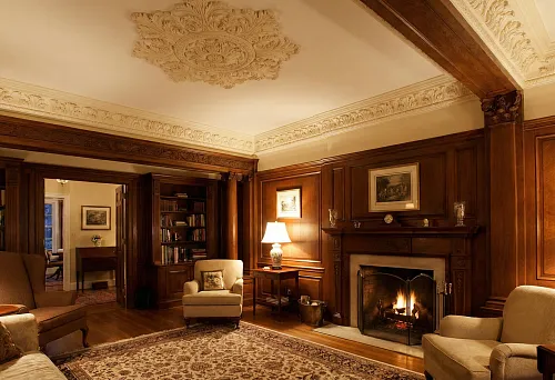 Wooden decor in the interior and polyurethane ceiling molding in a cozy classic living room