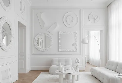 White living room interior with decorative frames, round mirrors, and white baseboards creating a play of shapes