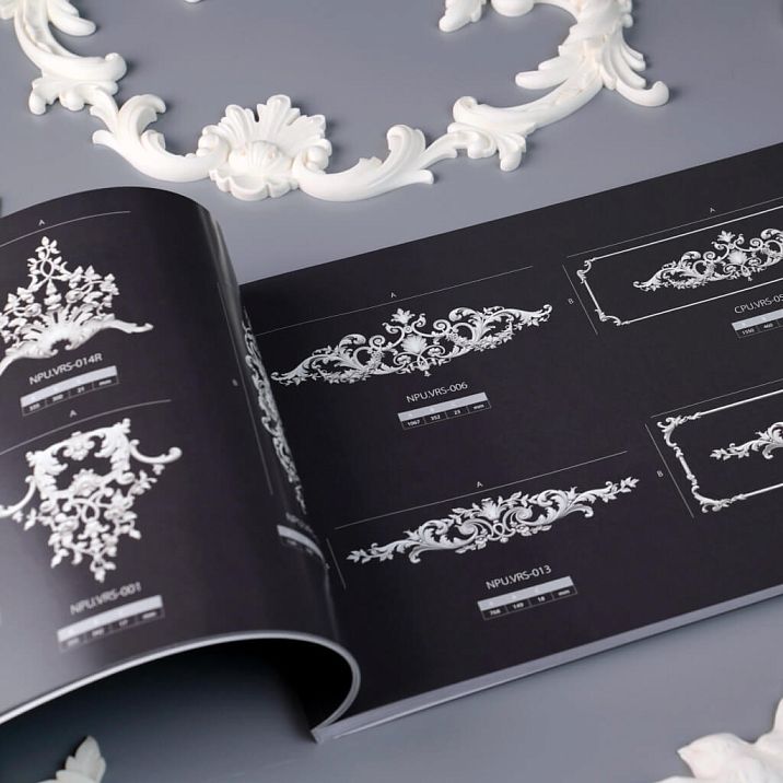STAVROS catalog with examples of polyurethane stucco decor for wall panels and furniture facades