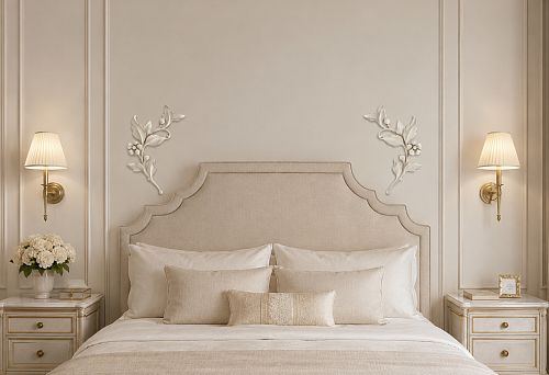 Wall sconces are already installed on both sides of the headboard: how to place paired floral wall plates NPU-471L/R without overloading the wall