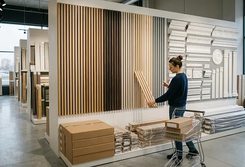 Buy slat panels in Yekaterinburg and buy polyurethane molding at a finishing materials showroom with samples on the wall