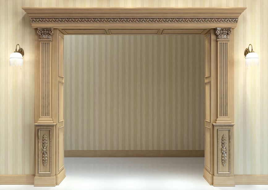 Wooden portal PRT-010 in an interior with classic chandeliers