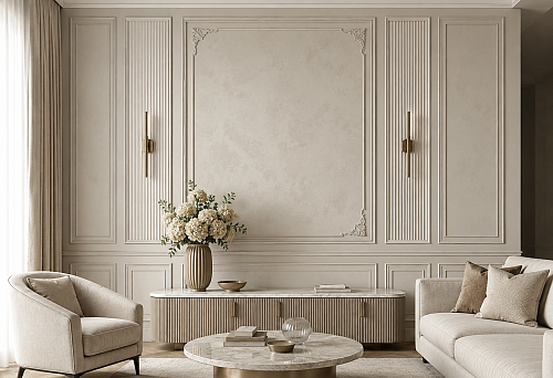 Accent wall with wall panels, moldings, and decorative stucco