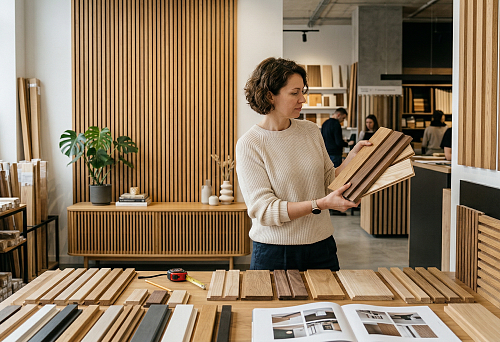 Selection of decorative wooden slats for walls, furniture, and interiors in the showroom