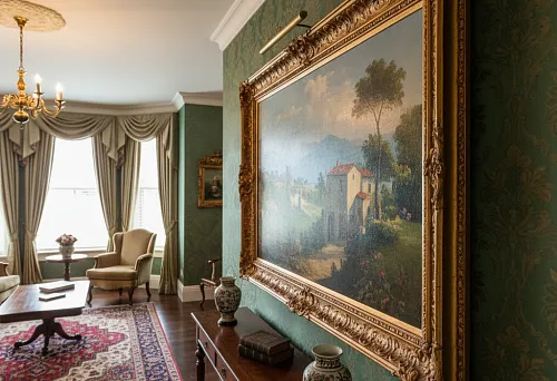 Living room interior with a painting in a carved wooden frame, emphasizing the classic style and elegance of the space