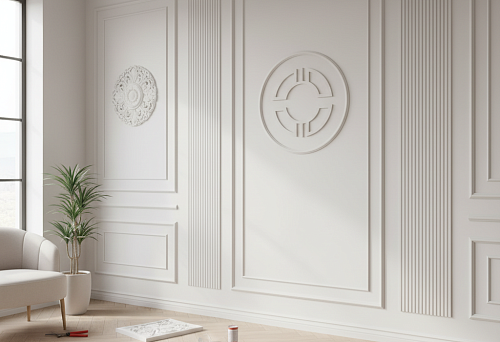 Neoclassical interior with decorative molding &mdash; polyurethane profile moldings and rosettes on a white wall