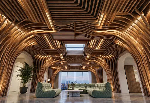 Slatted ceiling panels in a modern interior with curved wooden architecture, built-in warm lighting, and a soft lounge area