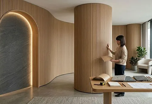 Flexible wall panels for interiors with radius walls, columns, and complex-shaped arched openings