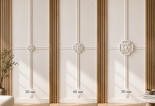 Carved rosette RPU-003 at the intersection of two moldings on the wall