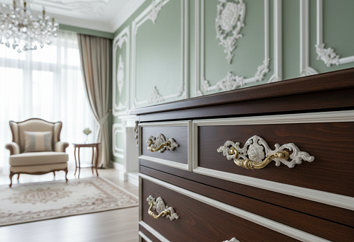 A dark wood chest of drawers with decorative furniture handles, whose relief echoes the classical moldings on the walls in an elegant interior.