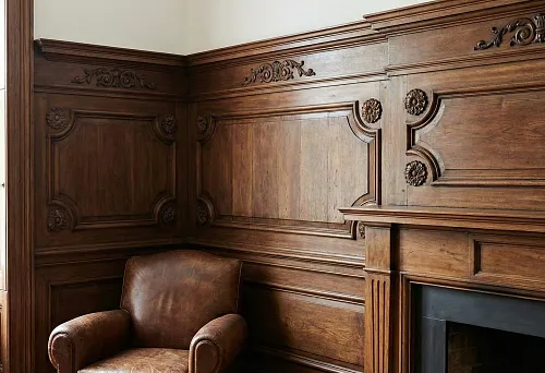Interior with wooden panels and carved decorative rosettes