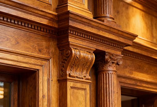 Wooden facade decor with carved columns and classic ornamentation