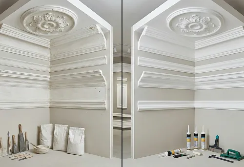 Material comparison: on the left, gypsum molding with a rough surface and installation marks; on the right, polyurethane molding with smooth cornices and moldings