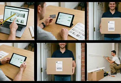 Ordering molding online: choosing cornices and moldings on a laptop, measuring with a tape measure to calculate the footage