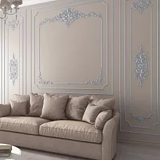 Living room with wall panels made of STAVROS polyurethane moldings &mdash; classic frames on a beige wall with blue accents and a sofa