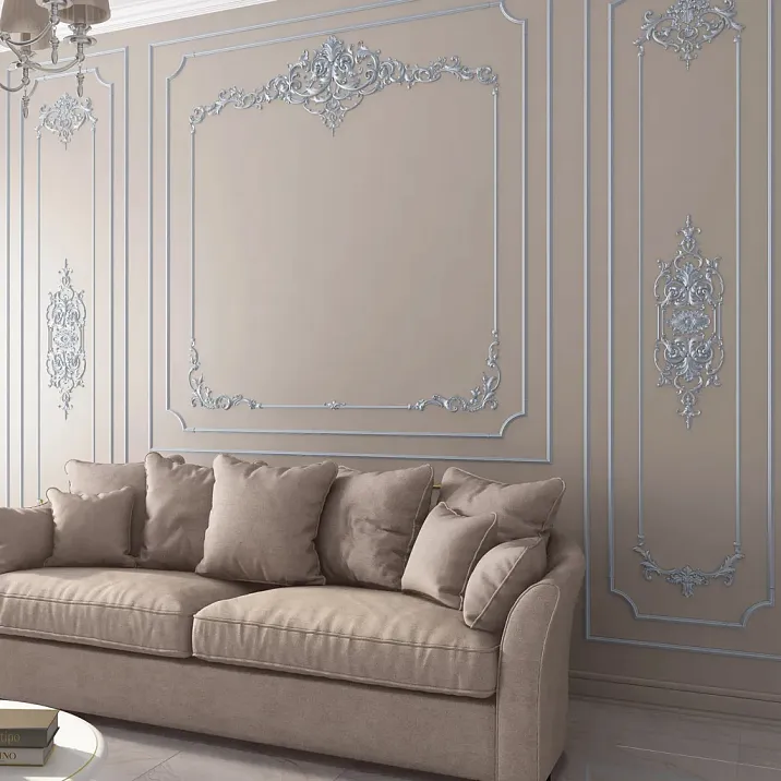 Living room with wall panels made of STAVROS polyurethane moldings &mdash; classic frames on a beige wall with blue accents and a sofa