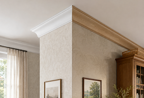 Wooden cornice KZ-012 at the junction of a painted ceiling and a wall with wallpaper  Alt 2: