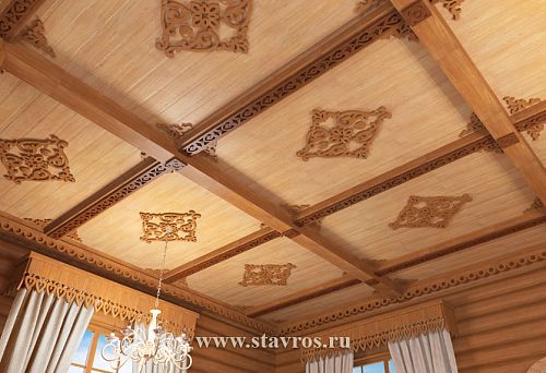 Decorative Ceiling Embellishment with Carved Wooden Ornaments and Patterns