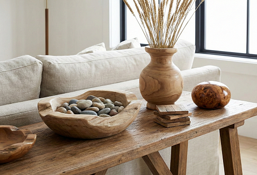 Wooden decor details on a console table: a bowl with stones, a vase, and solid wood accessories