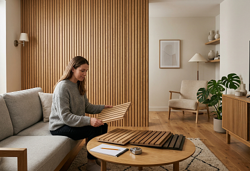 Oak decorative battens for walls in modern living room interior