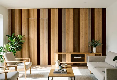 Living room with an accent wall decorated with vertical wooden slats