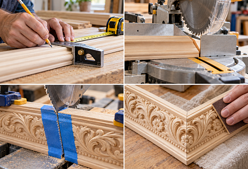 How to properly cut wooden moldings and carved trim: tools, 45&deg; miter cuts, and chip protection