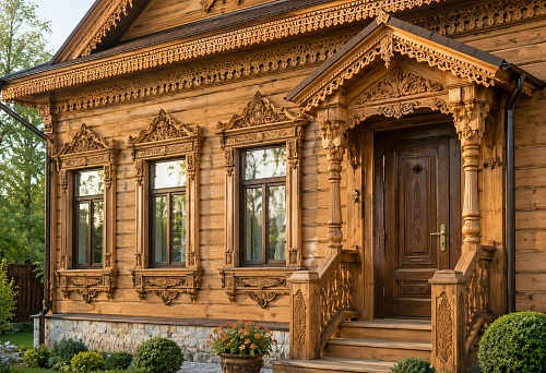 Carved wooden window casings for a wooden house
