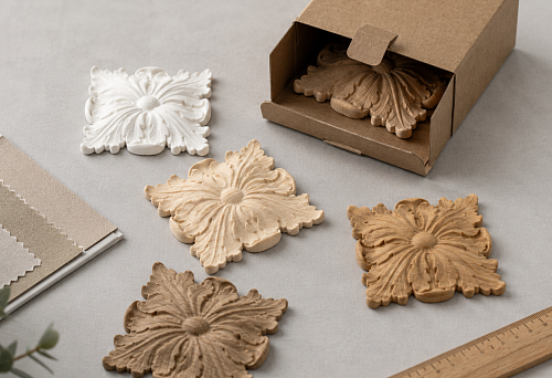 Set of wooden decorative rosette samples OR-032 before ordering a batch