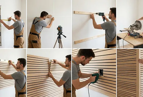 Master measures the wall with a tape measure and level before installing slatted panels