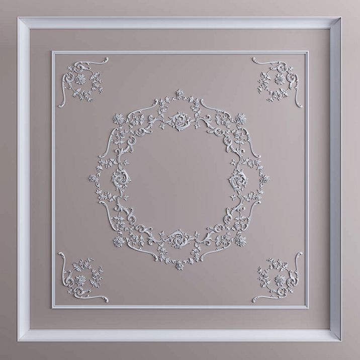 Ceiling rosette CPU-071 made of polyurethane, size 1365&times;1365&times;19 mm, with a Baroque ornament for decorative framing of a chandelier in a classic interior