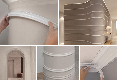 Flexible polyurethane moldings on a curved wall in the interior