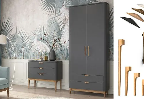 Modern interior with gray furniture on wooden legs and accent on original furniture handles of various shapes and shades