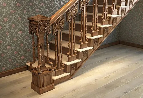 Carved Wooden Column with Decorative Elements in Classic Style on a Wooden Deck with Floral Wallpaper