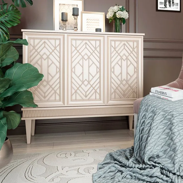 Geometric legs MN-192M on a light chest in a modern bedroom interior.