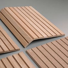 Close-up of the OPAN-007 slatted panel sample with wood texture and even slats