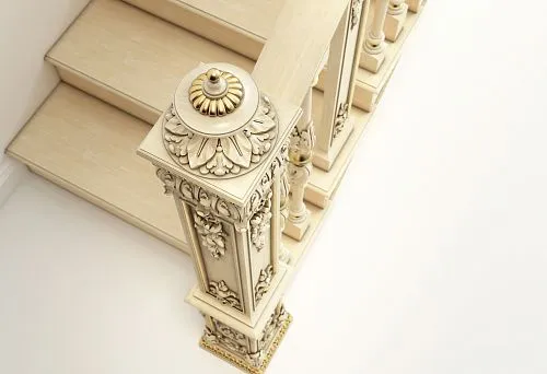 Luxurious square staircase column with carved decoration and gilded elements