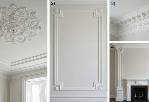 Ceiling rosette made of polyurethane with floral ornament and cornices in a classic interior