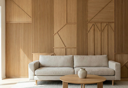 Wood wall decor: wooden slats and moldings in geometric layout, panel wall in a modern living room