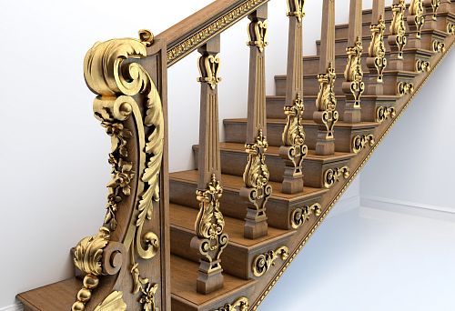 Elegant Carved Wooden Staircase Decor with Gold Elements