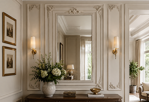 Mirror with a frame of moldings and decorative stucco in a light interior