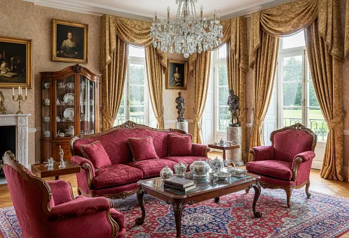 Elegant interior with carved sofas and armchairs made of solid wood