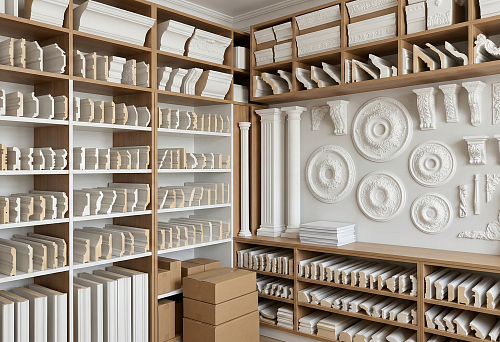 Catalog of polyurethane decorative molding: display with cornice and molding profiles, rosettes and columns