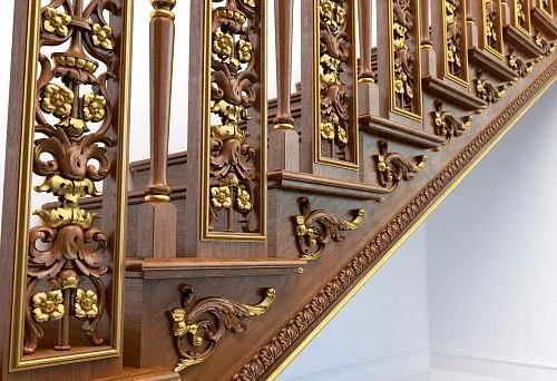 Carved Balusters and Decorative Panels with Gilded Elements, Installation on Stairs