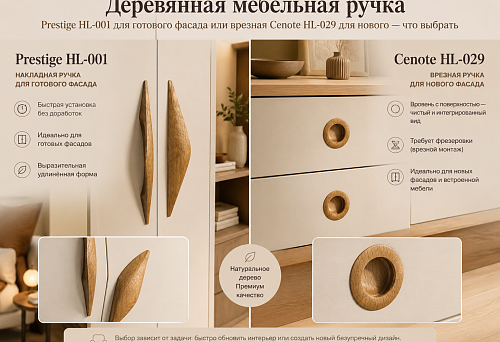 Wooden furniture handles Prestige HL-001 for a finished facade and recessed Cenote HL-029 for a new facade